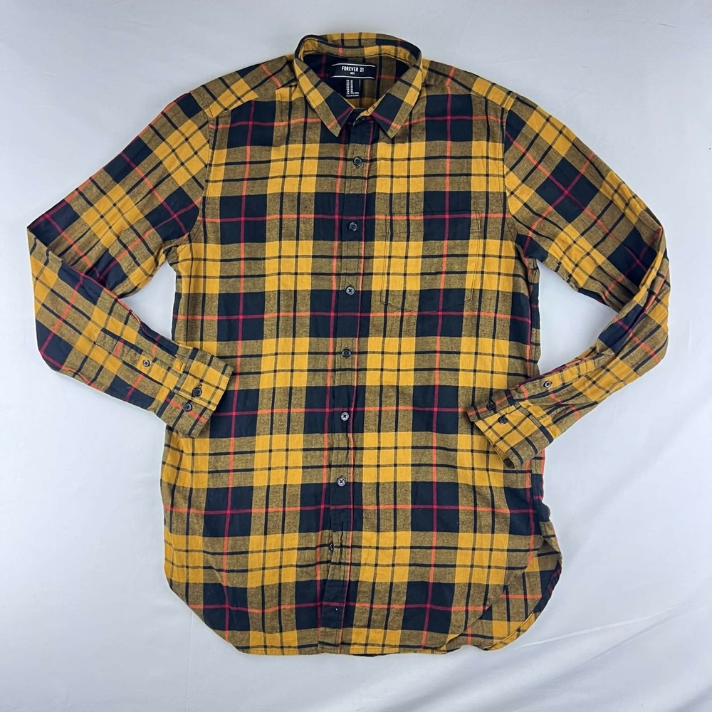 EUC Forever 21 Men Mustard Yellow Plaid Flannel Button Shirt Long Sleeve Size M